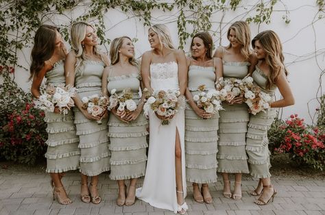 Romantic and effortless destination wedding in Mexico with ruffled bridesmaids dresses, blush florals, a stunning reception venue, disco balls, custom shot glasses and beautiful ocean views! #gws #greenweddingshoes #destinationwedding #mexico #beachwedding Mexico, Pale Green Bridesmaid Dresses, Beachy Bridesmaid Dresses, Destination Wedding In Mexico, Ruffles Bridesmaid Dresses, Wedding In Mexico, Bridesmaid Style, Marriage Ceremony, Green Wedding Shoes