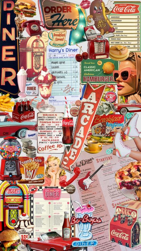 #diner #1950s #collage #aesthetic 1950s Collage, Vintage 1950s Aesthetic, 1940s Aesthetic, 1950s Aesthetic, Background Screensavers, Diner Aesthetic, Toronto Apartment, 1950s Diner, Vintage Diner