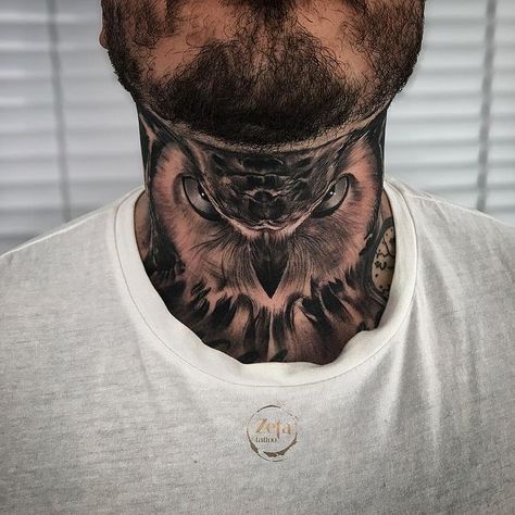 Neck Piece Tattoo, Zeta Tattoo, Owl Neck Tattoo, Owl Tattoo Chest, Tatoo Neck, Mens Owl Tattoo, Hals Tattoo Mann, Neck Tattoos For Men, Best Neck Tattoos