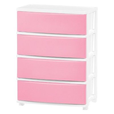 This 4-drawer wide chest from IRIS is an ideal storage solution for your home. The four opaque drawers keep your living spaces clutter-free and concealed while providing access to frequently used items with ease. IRIS offers four clean and exquisite color options with matte-finish front panel that can be fit in any room of your home, closet, bedroom, living room, or kids room allowing to store anything from clothes, accessories, and towels to craft supplies, health and beauty supplies, toys, and Drawer Tower, Plastic Dresser, Pink Drawers, Closet Living Room, Drawer Cart, Living Room Nursery, Plastic Drawers, Dresser Drawer, Storage Cart