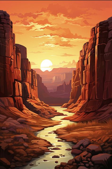 A serene sunset over a canyon with a river flowing through rocky landscape, creating a captivating and tranquil scene. Perfect for nature lovers and those seeking rustic wall decor. Explore the beauty of this landscape with a stunning canvas print. Southwest Art Paintings, Western Gunslinger Art, Cactus Paintings, Rocky Landscape, Nature Canvas Art, River Flowing, Serene Nature, Beauty Drawings, Scene Drawing