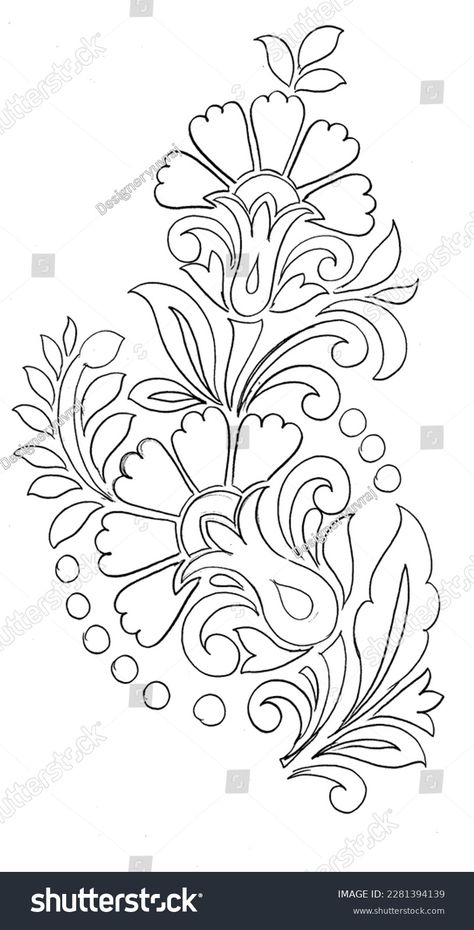 Stencil Designs For Fabric Painting, Fabric Painting Motifs, Hand Embroidery Patterns Flowers Drawings, Flower Tracing, Tezhip Art, Bordado Jacobean, Floral Design Drawing, Corak Bunga, Flower Drawing Design