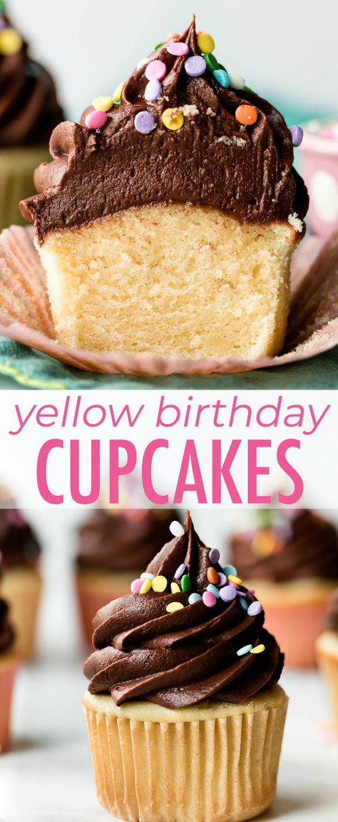 Super moist yellow birthday cupcakes with creamy and rich chocolate frosting! The perfect butter cupcake recipe for any celebration! Recipe on sallysbakingaddiction.com Yellow Cupcakes Recipe, Yellow Cake Cupcakes, Butter Cupcake Recipe, Cupcakes Amor, Frost Cupcakes, Yellow Birthday Cakes, Cupcakes Fondant, Moist Cupcakes, Yellow Cupcakes