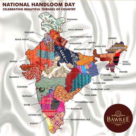 Celebrating The National Handloom Day! At Bawree Fashion Housewepays Tribute to all the weavers and craft communities to preserve the country's craft heritage. The origins of Indian textiles date back some 6,000 years. From Kashmir to Kanyakumari, every region/state​ ​has its own​ ​unique​ ​handloom techniques. Yes, we’re talking about hand skills that​ ​we are specialized into, beautifully handcrafted the best-in-class custom Indian fabric designs that suit your outfit.  #Kurtis #Dresses #Lehng Handloom Map Of India, Indian Fabrics Textiles, India Fabric Textiles, Indian Handloom Sarees, Every Class Has, Indian Fabric Textiles, Indian Embroidery Designs By Hand, National Handloom Day, Handloom Day
