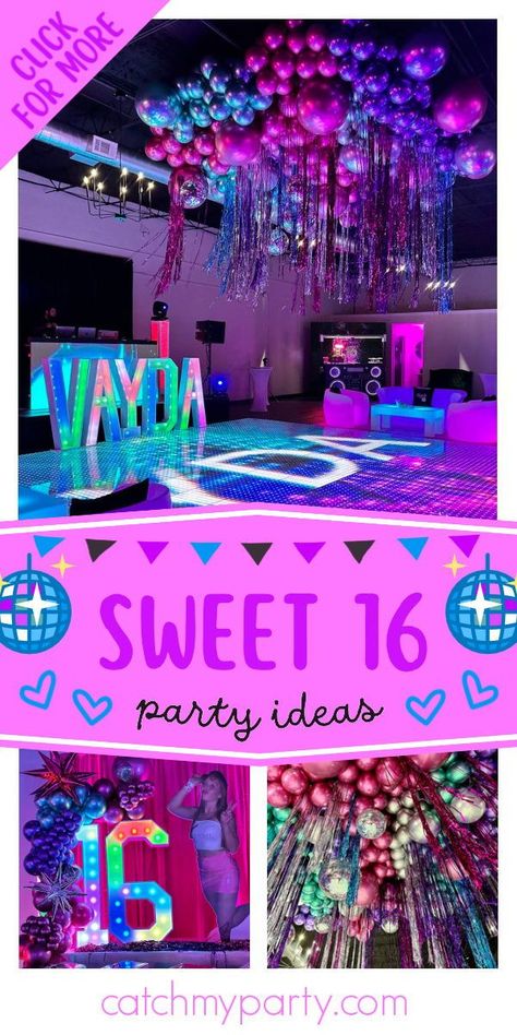 Check out this fantastic disco Sweet 16! The party decorations will blow you away! See more party ideas and share yours at CatchMyParty.com Sweet 16 Dance Party Ideas, Disco Sweet 16 Party, Sweet 16 Disco Party, Disco Sweet 16, Sweet 16 Activities, Disco Birthday Party Ideas, Birthday Disco, Disco Birthday, Fair Theme