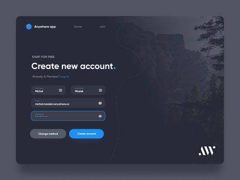 Login & Sign up - Dark Mode | AW Universal Page by Michał Masiak for AnywhereWorks on Dribbble Login Web, Form Design Web, Login Page Design, Login Design, Ui Ux 디자인, Desain Ui, Website Sign Up, Directory Design, Sign Up Page