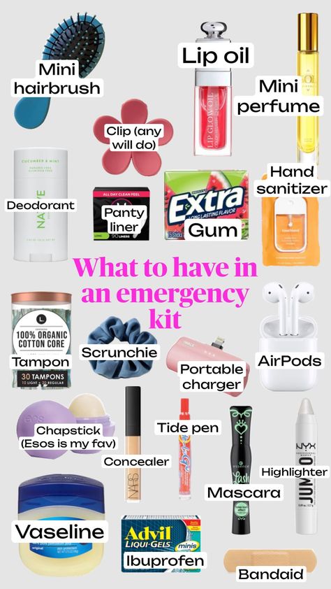 Emergency kit essentials #preppy #emergancykit #school #backtoscool Organisation, Emergency Kit Essentials, Schul Survival Kits, Emergency Kit For Girls, School Emergency Kit, Middle School Essentials, School Backpack Essentials, Road Trip Kit, Preppy School Supplies