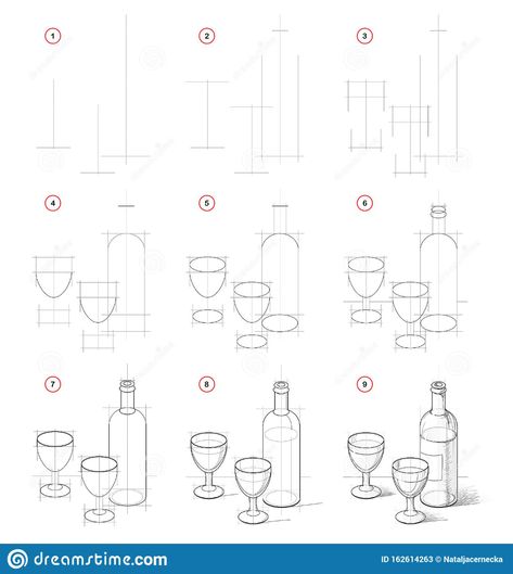 How To Draw Still Life With Bottle Of Vine And Glasses. Creation Step By Step Pencil Drawing. Educational Page For Artists. Stock Vector - Illustration of draw, learn: 162614263 How To Draw Bottles, Still Life Step By Step Drawing, How To Draw A Bottle Step By Step, Easy Still Life Drawing Step By Step, How To Draw Glass Bottles, How To Draw Objects, Glass Bottle Sketch, Still Lives Drawing, Still Life Drawing Tutorial