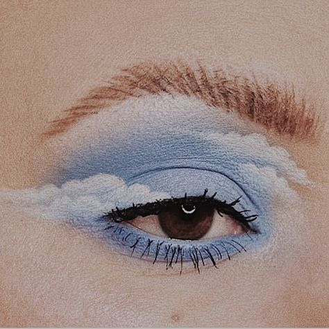 Clouds Aesthetic Outfit, Clouds Eye Makeup, Cloud Inspired Makeup, Cloud Blush Makeup, Air Inspired Makeup, Eyebrow Art Makeup, Air Inspired Outfits, Angelcore Aesthetic Makeup, Pastel Blue Eye Makeup