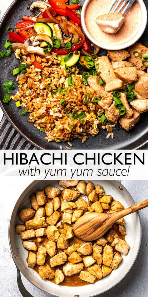 This Hibachi Chicken recipe is easy and delicious, with savory chicken, crisp-tender veggies, and authentic fried rice. With a side of creamy yum yum sauce, it’s sure to be a hit! Recipes With Yum Yum Sauce, Easy Hibachi Chicken, Authentic Fried Rice, Hibachi Chicken Recipe, Easy Hibachi, Homemade Hibachi, Hibachi Recipes, Hibachi Chicken, Sautéed Veggies