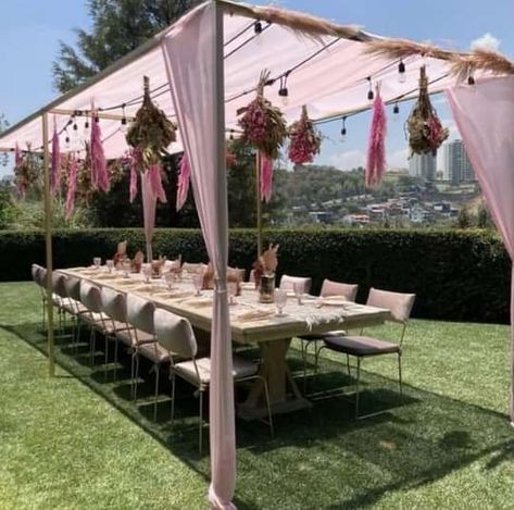 Outdoor 18th Birthday Party Decorations, 25th Backyard Birthday Party, Outdoor Patio Birthday Party Decorations, Pergola Party Decor, Pink Birthday Party Outside, Girly Backyard Party, Backyard 25th Birthday Party, Tea Party Location, Pergola Birthday Decorations