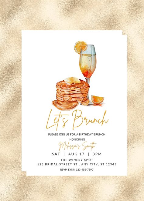 Editable Brunch Invitation, Let's Brunch, Brunch and Bubbly, Birthday Brunch, Sunday Brunch, Pancakes, Mimosa, Printable or Text Invite - Etsy Canada Housewarming Party Brunch, Brunch Bday Party Ideas, Mimosa Brunch Invitations, Brunch Save The Date, 60th Brunch Birthday, Fall Brunch Invitations, 35th Birthday Brunch Ideas, Pajama Brunch Party Invitation, Birthday Brunch Themes For Women