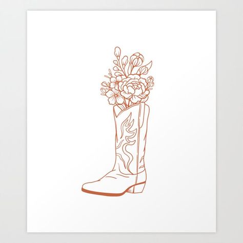 Dark orange floral cowboy boot Art Print by Dreaming Out West Cowboy Boot Art, Cowboy Boots Drawing, Cowboy Boot Tattoo, Tiny Tattoos With Meaning, Boot Art, Cowboy Tattoos, Country Tattoos, Cross Tattoos For Women, Cowboy Design