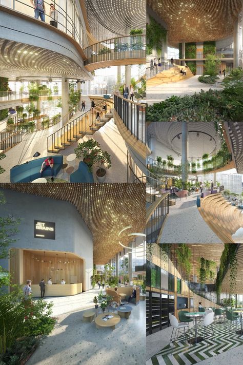 Indoor Community Space, Community Space Design Concept, Indoor Outdoor Spaces Architecture, Office Atrium Design Architecture, Sustainable Community Design, Community Space Design Outdoor, Environmental Design Architecture, Hotel Courtyard Design, Semi Open Space Architecture