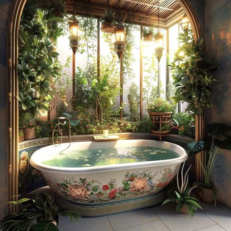 Floral Oasis: Boho Room with Blossom Jacuzzi 🌺🛁 Bathroom Fairycore, Bathtub Plants, Bathroom With Plants, Fairy Bathroom, Plant Bathroom, Whimsical Bathroom, Calm Room, Mother Gaia, Traditional Boho