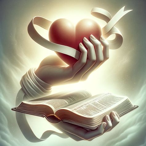 A symbolic image featuring two hands, one holding a heart and the other an open Bible. The heart is wrapped in a ribbon flowing towards the Bible, illustrating aligning personal desires with spiritual guidance. The background is a soft, ethereal glow, signifying divine presence in life's choices. The image is detailed, high-quality, and appealing to Bible readers. Word Pictures Art, Jesus Love Images, Jesus Gif, Biblical Artwork, Holly Pictures, Open Bible, Holding A Heart, Jesus Artwork, Jesus Christ Painting