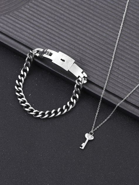 Silver Fashionable   Stainless Steel   Embellished   Jewelry Locking Bracelet, Relationship Necklaces, Necklace Lock, Matching Promise Rings, Key Charm Necklace, Neck Pieces Jewelry, Couples Accessories, Bff Jewelry, Bling Fashion