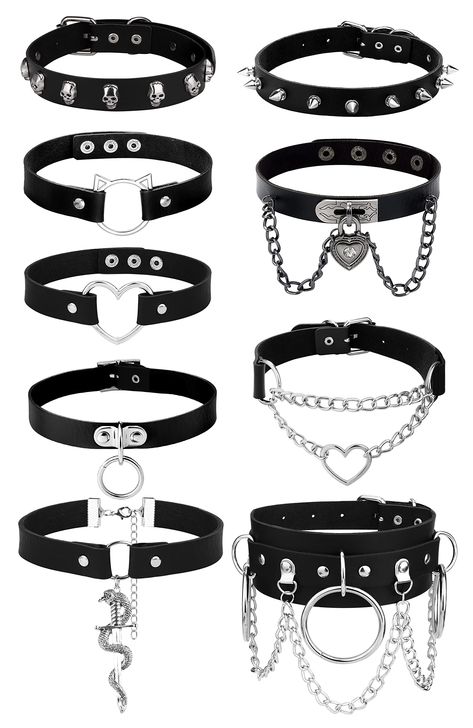 PRICES MAY VARY. ❤GOTHIC CHOKER SET❤ One order includes 6-9Pcs punk leather choker in different styles, Like love heart, Rivets, Circle, Chain, Skull and love heart leather choker. Meeting your different daily needs. These punk style black choker necklace look cool, It highlights your distinctive personality and popular with girls. ❤HIGH QUALITY❤ These leather choker collar set is made of soft PU leather and environmentally friendly alloy which is anti-allergic, Free of nickel, No rust, Corrosio Emo Designs, Goth Choker Necklaces, Spiked Choker, Emo Accessories, Emo Jewelry, Collar For Women, Leather Choker Collars, Goth Choker, Gothic Chokers