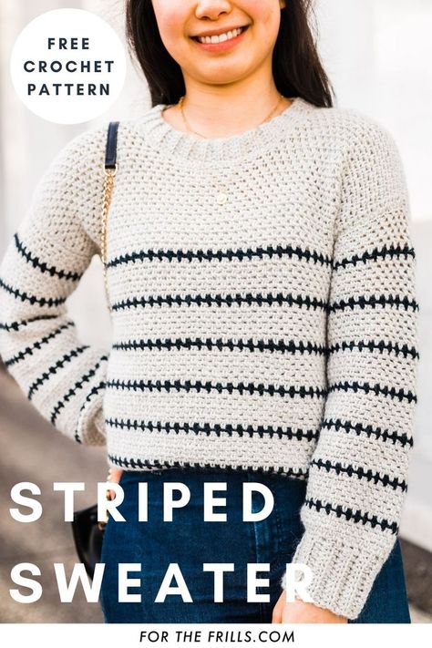 woman wearing crocheted linen stitch bateau stripe alpaca yarn sweater Two Toned Crochet Sweater, Comfy Crochet Sweater, Crochet Simple Sweater Pattern Free, Crochet Sweater Moss Stitch, Ripple Crochet Sweater Pattern Free, Crochet Oversized Sweater Pattern Free Women, Two Color Crochet Sweater, Worsted Weight Crochet Sweater, Crochet Stitch For Sweaters