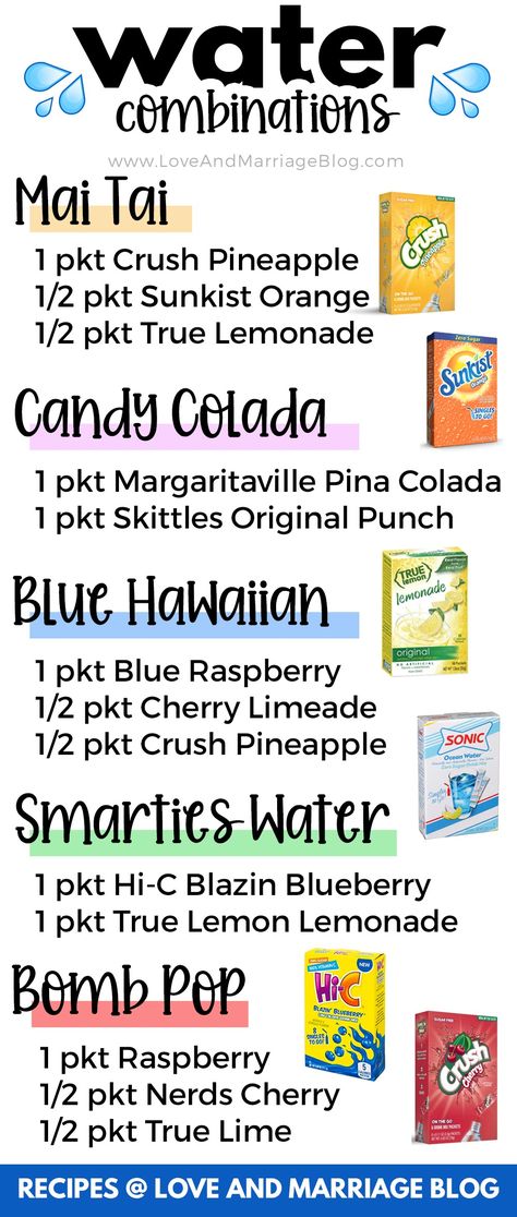 Summer Water Recipes, Post Whipple Recipes, Unicorn Flavored Water, Sugar Free Drink Packet Recipes, Dole Water Packet Recipes, Unicorn Water Recipe, Water Packet Organization, Fancy Water Recipes, Water Tock Recipes