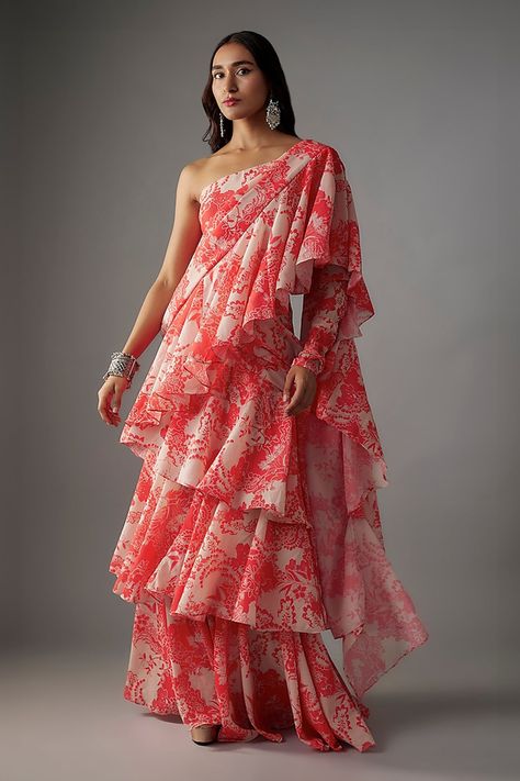 Shop for these amazing collections of Pink Viscose Print Blossom Pre-draped Ruffle Tiered Saree With Blouse For Women by Vana Ethnics online at Aza Fashions. Ruffle Sarees, Ruffle Saree, Drape Saree, Blossom Print, Blouse For Women, Pink Blossom, Pink Saree, Saree With Blouse, Printed Sarees