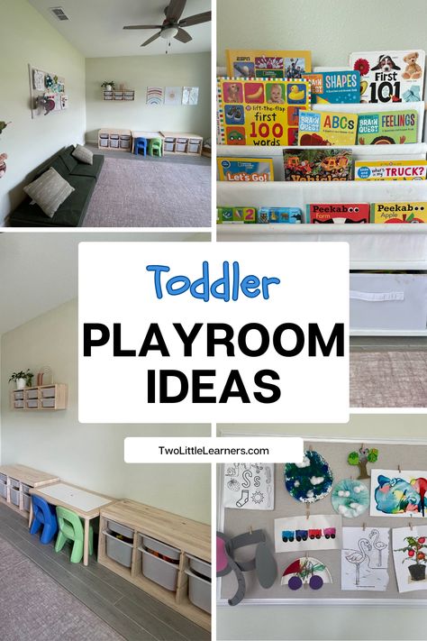 This blog post is all about playroom ideas and our playroom design. Here, we talk about playroom organization, tour our play space, and link all our toy storage and toy organization ideas. Check out our playroom setup, playroom shelves, and playroom decor here! Small Ikea Playroom Ideas, Montessori, Toy Room In Basement, 10x10 Playroom Layout, Small Playroom With Nugget, Ikea Toy Room Playroom Ideas, Easy Diy Playroom Ideas, Playroom Entertainment Center, Playroom Setup Layout