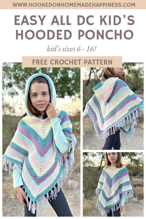 Easy All Double Crochet Kid's Hooded Poncho Crochet Pattern - Hooked on Homemade Happiness Amigurumi Patterns, Ponchos, Double Crochet Patterns Free Beginner, Kids Crochet Poncho Pattern Free, Girls Poncho Crochet Pattern Free, Poncho Knitting Patterns Kids, Hooded Poncho Crochet Pattern, Girls Poncho Crochet Pattern, Free Crochet Poncho Patterns