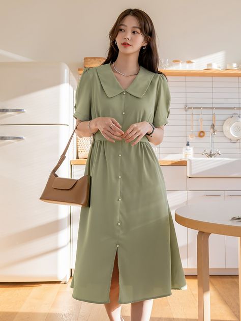 Olive Green Cute  Short Sleeve Polyester Plain A Line Embellished Non-Stretch Spring/Summer Women Dresses Short Green Dress Casual, Korean Long Frock Design, Beautiful Casual Dresses Classy, Korean Green Outfit, Shein Dresses Summer, Sage Green Dress Casual, Olive Green Outfits For Women, Beige And Green Outfit, Green Classy Dress
