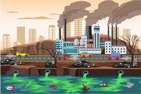 Air, water and soil pollution by industrial production, environmental pollution Soil Pollution Images, Soil Pollution Drawing, Air Pollution Images, Environmental Pollution Art, Water Pollution Pictures, Water Pollution Images, Environmental Pollution Poster, Air Pollution Art, Pollution Aesthetic