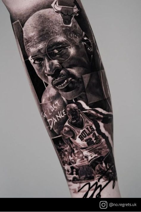 Black And Grey Leg Tattoos For Men, Michael Jordan Tattoos, Michael Jordan Tattoo Design, Michael Jordan Tattoo Ideas, Jordan Tattoo Ideas, Half Leg Tattoo Men Sleeve, Kobe Bryant Tattoo Ideas, Bach Idea, Kobe Bryant Tattoo