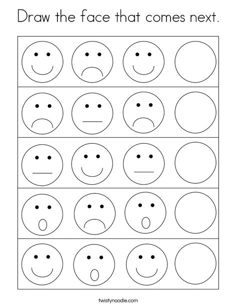 Draw the face that comes next Coloring Page - Twisty Noodle Math Emotions Preschool, Emotions Math Preschool, Feelings Preschool Worksheets, Feelings Math Activities Preschool, The Way I Feel Activities Preschool, Emotion Math Activities Preschool, Feelings Activities For Preschoolers, Emotion Worksheets Preschool, Emotions Math Activities Preschool