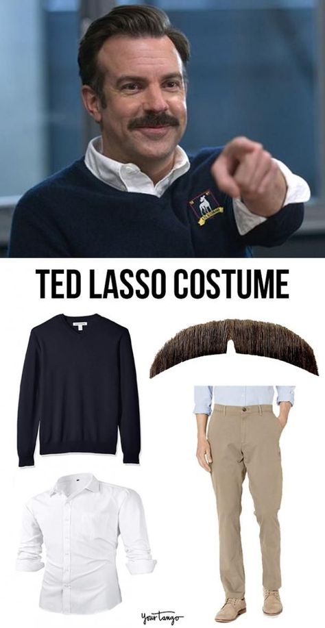 51 Best Trendy Pop Culture DIY Halloween Costume Ideas For 2021 | YourTango Ted Lasso Sweater Shirt and Khakis Costume Halloween Costumes Pop Culture, Diy Halloween Costume Ideas, Character Halloween Costumes, Movie Character Costumes, Halloween Tee Shirts, Clever Halloween Costumes, Matching Costumes, Cute Couple Halloween Costumes, Ted Lasso