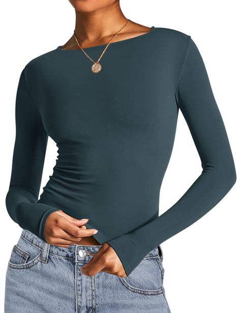 PRICES MAY VARY. Inject some pastel hues into your new season wardrobe with this fitted long sleeve crop top! AKEWEI tight long sleeve shirt, offers a buttery soft, lightweight and stretchy material (92% Cotton and 8% Spandex), long sleeves, a boat neckline, a flattering slim fit and a crop length. This long sleeve top is an essential piece to your everyday wardrobe doll. Our trendy going out tops for women feature a flattering slim fit and a crop length, with a boat neckline and long sleeves. T Tight T Shirts For Women, Amazon Long Sleeve Shirt, Slim Fit Long Sleeve Top, Fall Work Wear Women, Cute Fall Tops For Women, Long Sleeve Basics, Where To Get Basics, Long Sleeve Teacher Outfit, Basic Tees Women