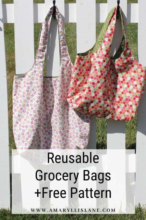 Reusable Grocery Bags free sewing pattern in two sizes. With this pattern, you'll get an excellent reusable and reversible Grocery Bag! These reusable grocery bags are cute and easy to make. This is your chance to make a super unique and sturdy bag while helping out the environment. It's perfect for a trip to the farmer's market or just to be used as a tote bag! Free tote bag sewing pattern. Easy market bag to sew for beginners. Reversible tote bag pattern free. SewModernBags Tela, Amigurumi Patterns, Couture, Patchwork, Grocery Bag Sewing Pattern Free, Reusable Grocery Bags Pattern, Diy Reusable Grocery Bags, Diy Grocery Bags, Market Bag Pattern