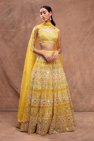 Shop for Aneesh Agarwaal Yellow Net Foil Applique Embroidered Lehenga Set for Women Online at Aza Fashions Mehndi Lehnga, Aneesh Agarwaal, Haldi Wear, Desi Clothing, Desi Fits, Haldi Function, Haldi Outfits, Lehenga Design, Desi Outfits