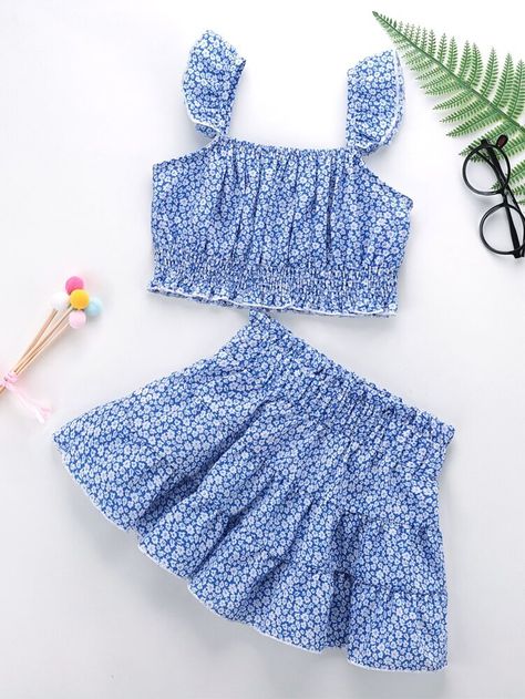 Toddler Girls Floral Print Ruffle Trim Top & Paperbag Waist Skirt | SHEIN USA Ruffle Trim Top, Frocks For Girls, Printed Sleeveless Top, Trim Top, Girls Boutique, Kids Fashion Girl, Dresses Kids Girl, Toddler Girl Outfits