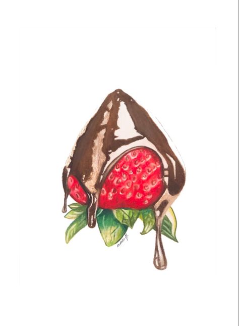 Colored pencil drawing of chocolate covered strawberry Chocolate Coverd Strawberries, Strawberry Dipped, Milk Drawing, Colored Pencil Artwork Ideas, Strawberry Pictures, Chocolate Drawing, Strawberry Drawing, Strawberry Tattoo, Strawberry Watercolor