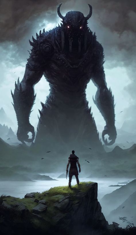 Humans vs Giants fantasy art Giant Monster Vs Small Human, Giant Monster Fantasy Art, Giant Beast Fantasy Art, Giant Creature Fantasy Art, Giant Fantasy Monster Art, Forest Giants Fantasy Art, Giant Anime Monster, Man Vs Giant Monster Art, Nephilim Giants Art