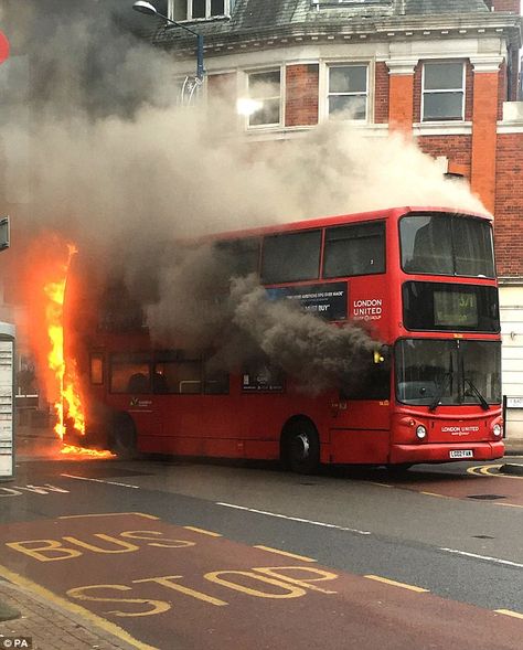 Emergency services fear the bus could explode, next to shops and buildings ... London Bus, Double Decker Bus, Rt Bus, Great Comet Of 1812, Decker Bus, In Flames, London Transport, Bus Coach, London Street