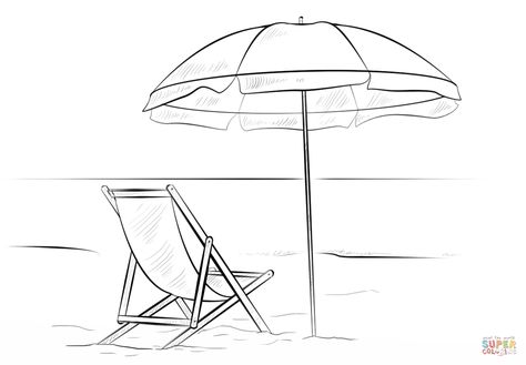 . Draw A Beach Scene, Umbrella Coloring Page, Beach Sketches, A Beach Scene, Chair Drawing, Beach Drawing, Beach Art Painting, Scene Drawing, Drawing Tutorials For Kids