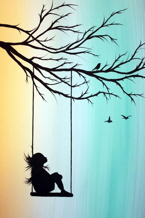 Amazing Silhouettes Art For Inspiration (31) Easy Landscape Paintings, Tree Watercolor Painting, Simple Painting, Nature Art Drawings, Art Painting Tools, Siluete Umane, Silhouette Painting, Seni Cat Air, Ideas Painting