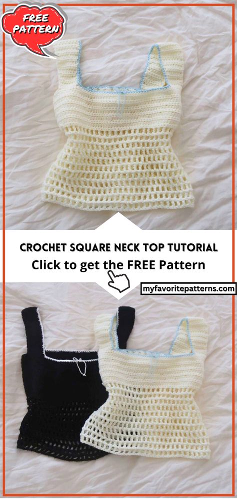 Crochet Square Neck Top Tutorial Crochet Top With Pattern, Crochet Square Neck Top Pattern Free, Couture, How To Crochet A Top For Beginners Tutorial, Crochet Tops Step By Step, Free Crochet Top Patterns For Beginners, Crochet Shirt Easy, Crochet Shirt Inspiration, Crochet Summer Inspiration