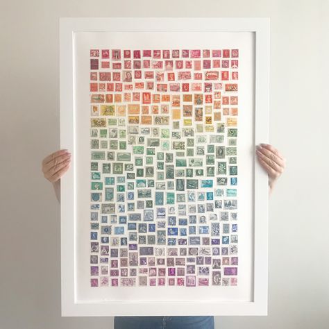 How To Display Postage Stamps, Stamps Collection Display, Postage Stamp Ideas, Postage Stamp Collection Display, Art With Postage Stamps, Stamp Display Ideas Postage, Art Stamps Ideas, Framed Postage Stamps, Old Stamps Art Ideas