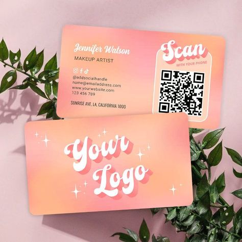 Modern Retro Peach Makeup Lashes Salon QR Code Business Card (Stand out with these modern groovy business cards featuring retro fonts and peach + pink aesthetic) Pastel, Nostalgic Fonts, Nail Tech Business Cards, Calling Card Design, Social Media Business Cards, Beauty Salon Business Cards, Qr Code Business, Business Card Stand, Cute Business Cards