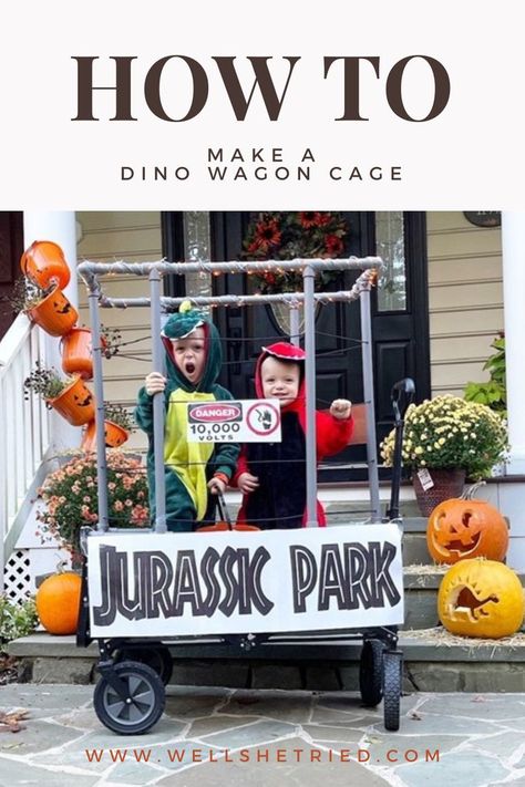 Wagon Halloween Costumes, Wagon Costume, Jurassic Park Costume, Diy Dinosaur Costume, Toddler Dinosaur Costume, Family Themed Halloween Costumes, Make A Dinosaur, Diy Dinosaur, Kids Wagon