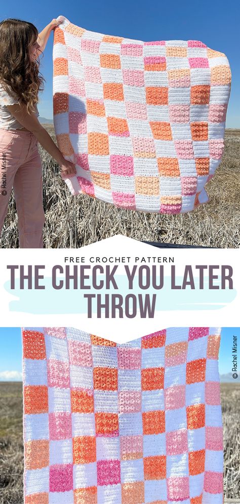 Crochet Blanket Patterns Aesthetic, Yellow And Pink Crochet Blanket, Crochet Blanket Patterns Checkered, Granny Square Gingham Blanket, Cute Crochet Throw Blanket, Checker Blanket Crochet, Rectangular Crochet Pattern, Crochet Free Patterns Blanket, Crochet Picnic Blanket Pattern Free