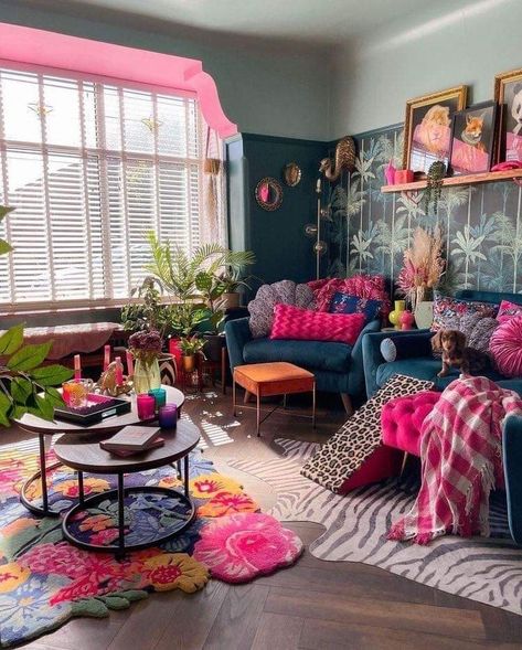 Curtains Living Room Maximalist, Moody Maximalist Decor Apartment, Colorful Couch Ideas, Pink And Blue Bedroom Eclectic, Small Living Room Extra Seating, Witchy Staircase, Decorating In Small Spaces, Fun Interior Design Creative, 80s Inspired Home Decor