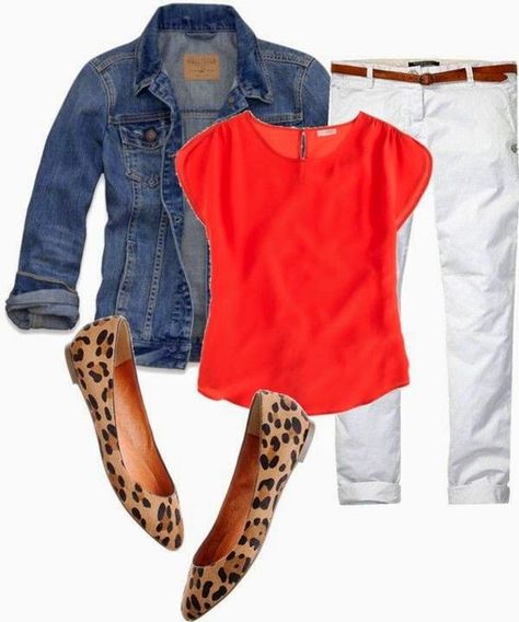 Love the mix of colors with the leopard ballet flats (which I already own). Polyvore Outfits, White Pants, Jaket Denim, Mode Tips, Outfits Polyvore, Ținută Casual, Mode Casual, Outfit Casual, Mode Style