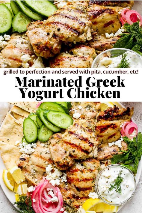 Marinated Greek Yogurt Chicken - The Wooden Skillet Chicken Marinade Yogurt, Yogurt Chicken Marinade, Greek Yogurt Chicken Marinade, Chicken Souvlaki Marinade, Mediterranean Chicken Marinade, Greek Yogurt Chicken Recipes, Greek Yogurt Marinade, Greek Yogurt Marinated Chicken, Bird Recipes