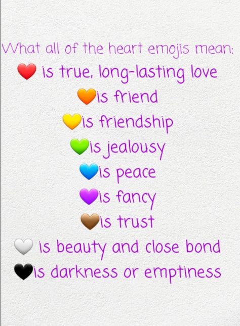 Here is what all of the heart emojis mean 💜 I know a lot of people aren't too sure when texting, so I've written them in list! Tell me ur fave in the comments. I like the black 🖤 and purple 💜 What Do Different Color Hearts Mean Emojis, Meaning Of Different Heart Emojis, What Colour Am I To You, What Color Hearts Mean, What Am I To You Emoji, Heart Color Meanings Emoji, Hiiiiiii Text Meaning, What Each Heart Emoji Means, All Emoji Meanings